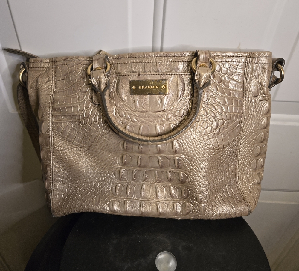 Authentic Brahmin Mini Arno Melbourne Beige Leather Satchel Handbag Shoulder Bag